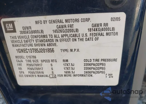 2005 Chevrolet Tahoe Lt z USA, uszkodzony, nr VIN 1GNEC13T85J201856